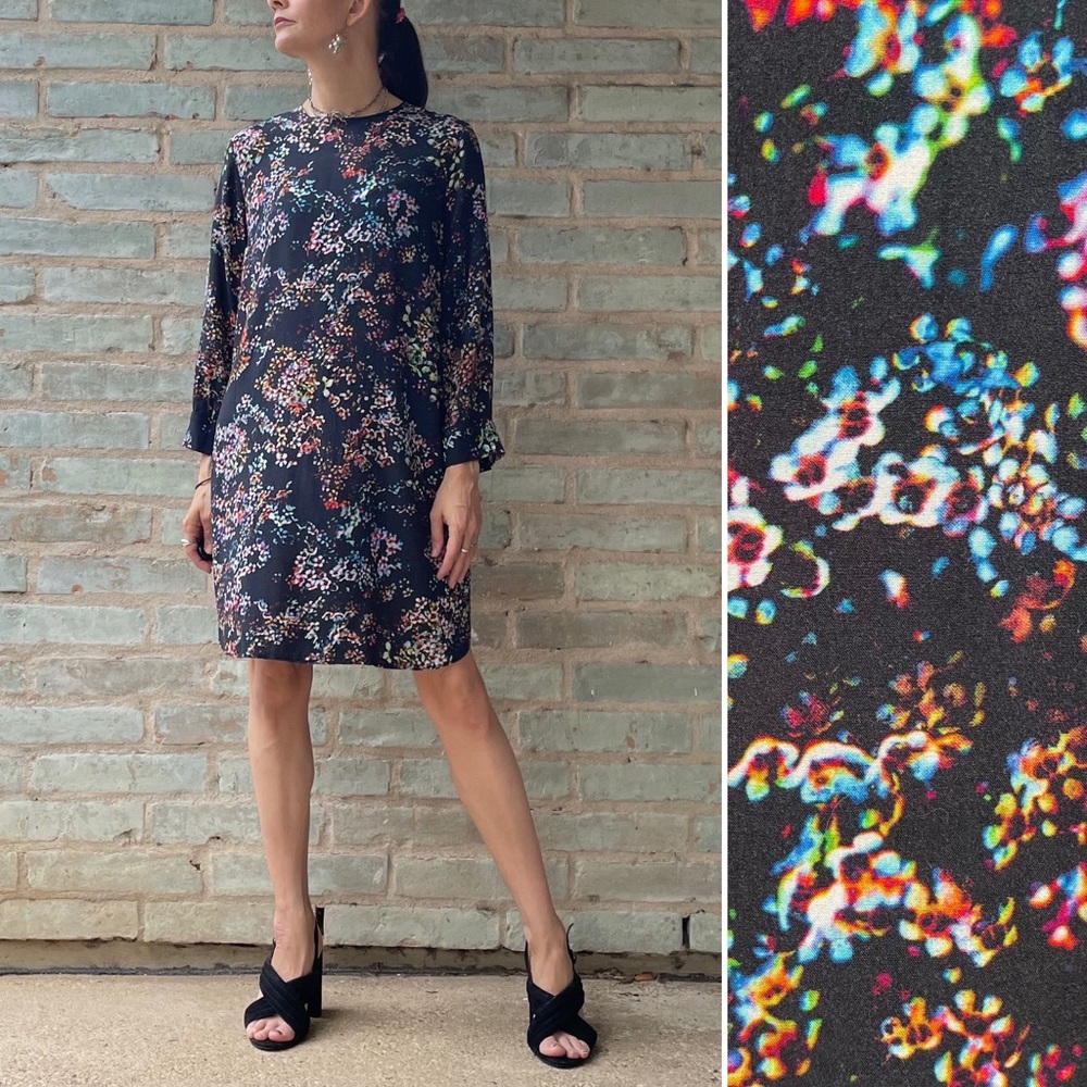 & Other Stories Floral Shift Dress Black Dark Neon Long Sleeve Loose Mini